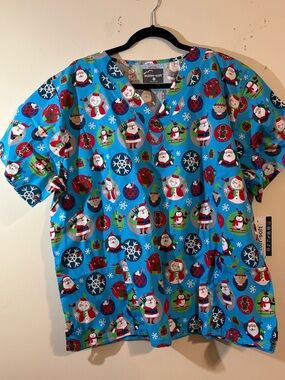Butter-Soft Turquoise Christmas V-neck scrub XL holiday Santa Claus snowman NWT